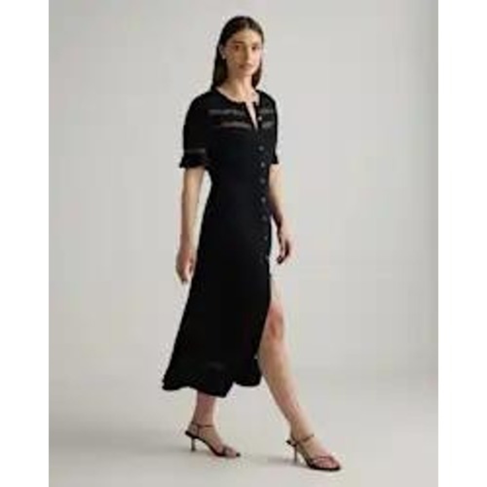 Quince Lightweight Crepe Lace Insert Midi Dress Black XL NWT